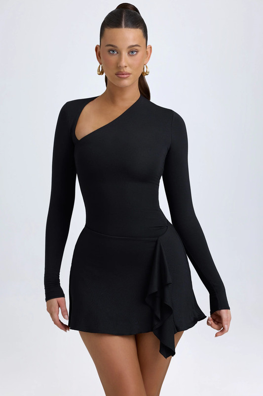 Modal Asymmetric A-Line Mini Dress in Black - Size:L